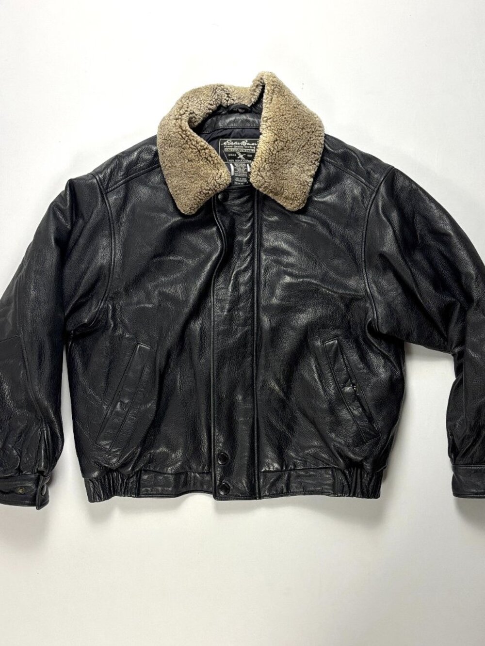 VTG Eddie Bauer Mens Leather Jacket Black L Goose Down Filled Lamb Wool Collar